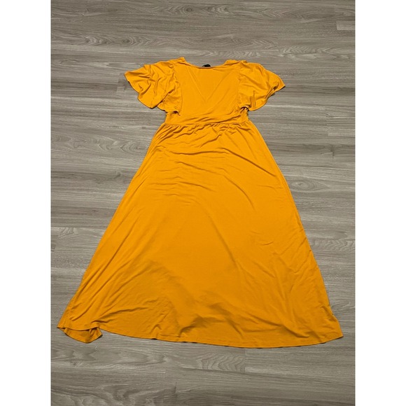 Forever 21 Yellow V Neck Flutter Sleeve Maxi Dress Button Front Slit Size L - Picture 5 of 7